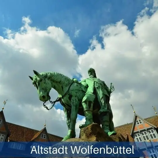 Das Bild zeigt eine Statue auf dem Markt von Wolfenbüttel