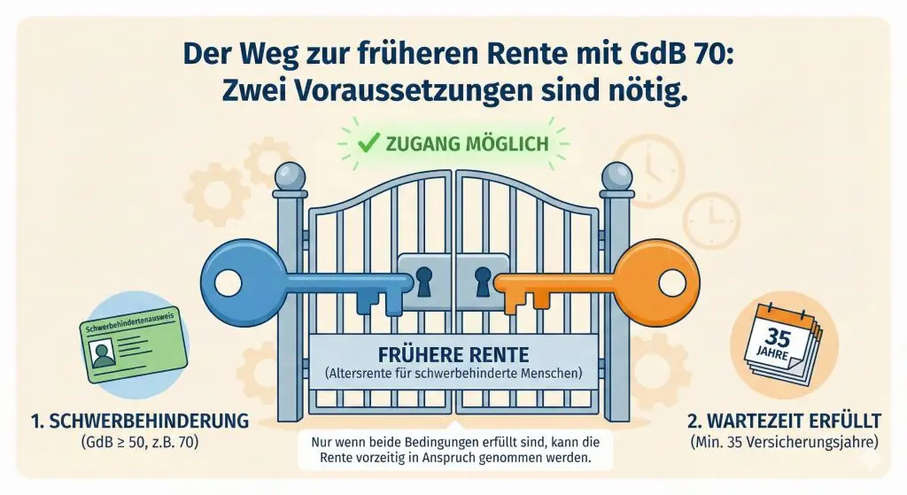 Illustrierte Grafik: Der Weg zur früheren Rente mit GdB 70. Ein geschlossenes Tor symbolisiert den Renteneintritt. Davor liegen zwei Schlüssel, die beide benötigt werden: Ein blauer Schlüssel steht für den Schwerbehindertenausweis (GdB mindestens 50), ein oranger Schlüssel steht für die erfüllte Wartezeit von 35 Versicherungsjahren.