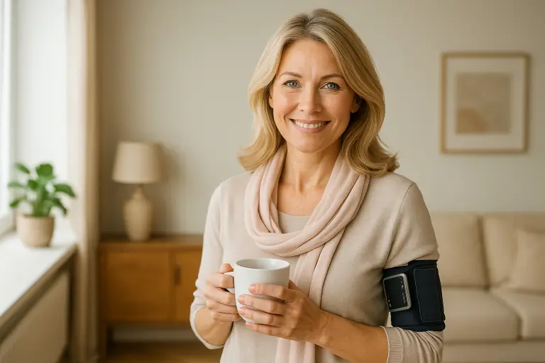 Eine Frau erholt sich und schont ihre Gesundheit bei einer Tasse Tee