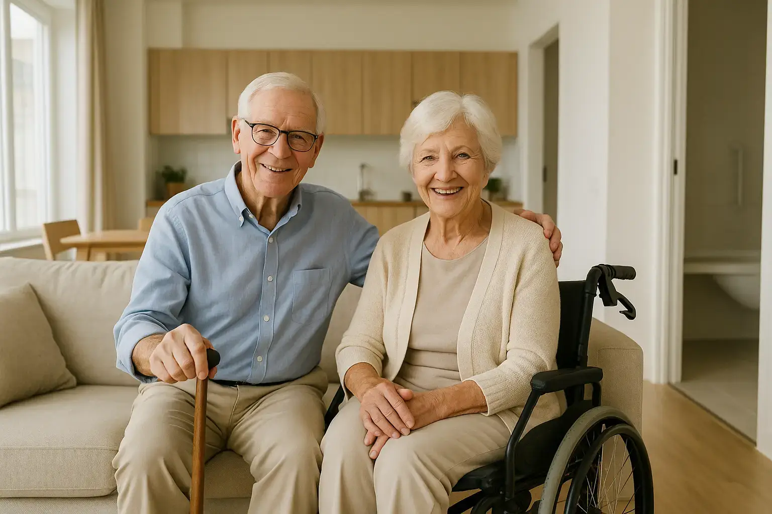 Ehepassr sitzt in einem barrierefrei ausgestatteten Wohnzimmer.