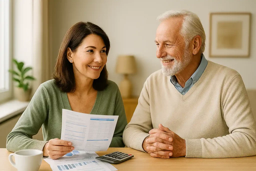 Seniorenpaar informiert sich am Küchentisch über Möglichkeiten zu sparen