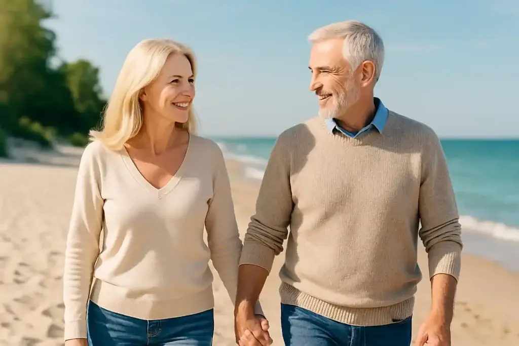 Ein älteres Ehepaar genießt ihre Freizeit gemeinsam bei einem Spaziergang am Strand