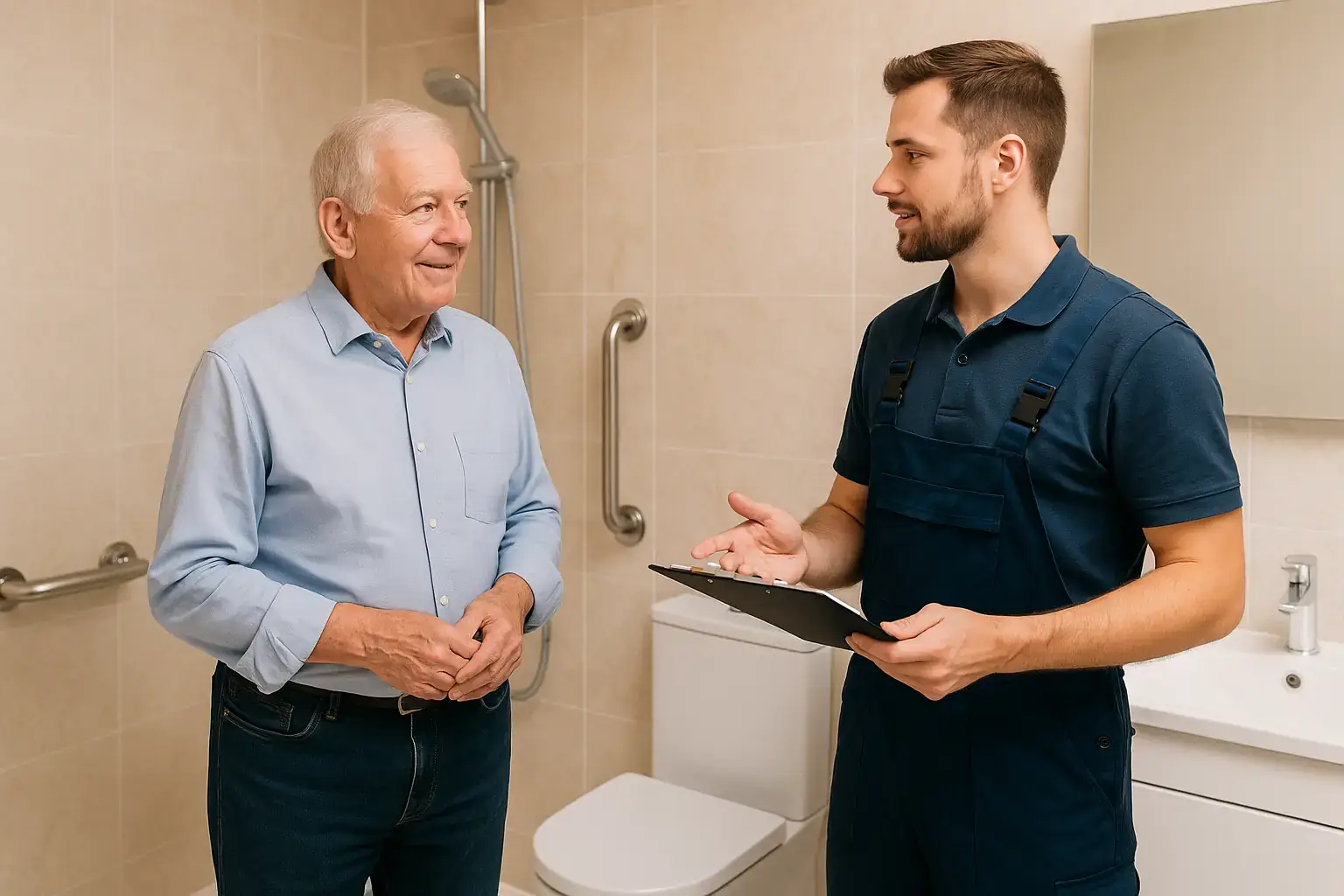 Handwerker und Rentner stehen im Badezimmer und wollen ein barrierefreies Bad planen