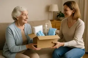 Eine Helferin überreicht zu Hause einer älteren Dame kostenlose Pflegehilfsmittel für den persönlichen Verbrauch