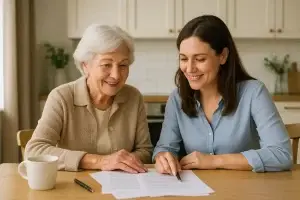 Eine ältere Dame informiert sich mit ihrer Tochter über das Thema Kombinationsleistung Pflege