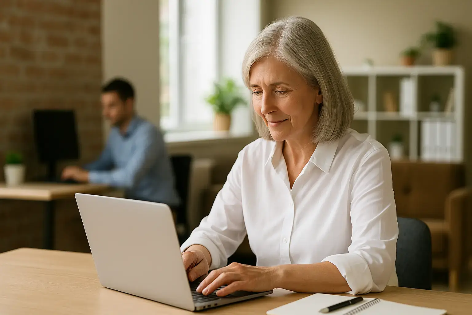 eine ältere Dame mit Flexirente arbeitet im Büro an einem Laptop