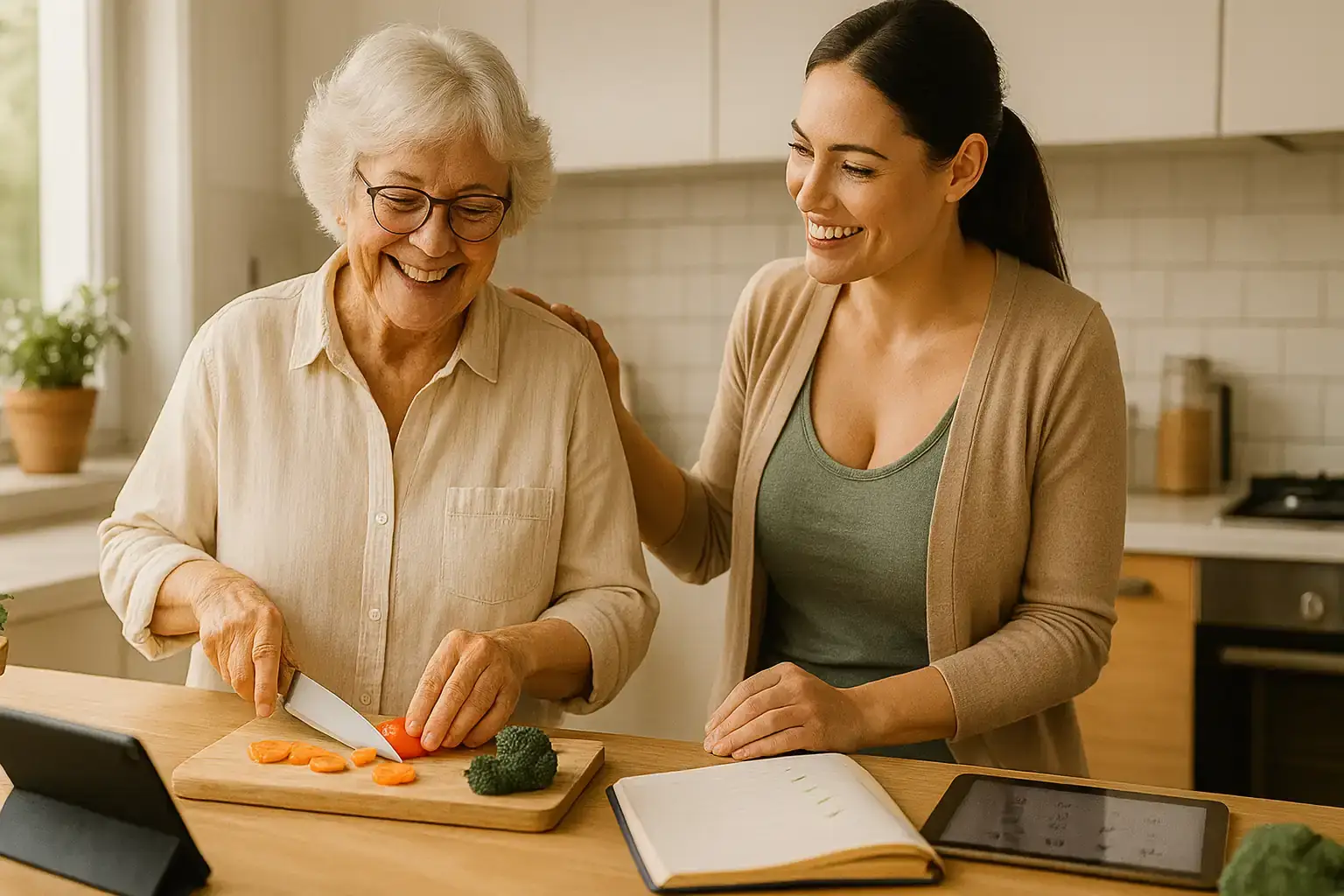 Eine Senioren kocht gemeinsam mit einer Betreuerin in der Küche und spricht über den Pflegegrad 2