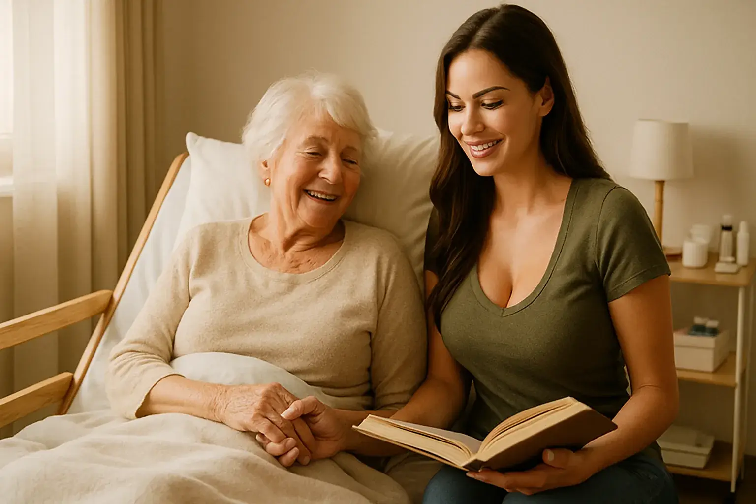 Eine ältere Dame mit Pflegegrad 4 liegt in einem Bett und eine Pflegerin sitzt am Bett und liest ihr aus einem Buch vor.