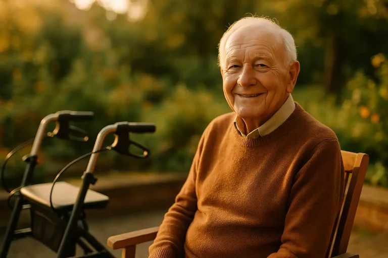 Ein älterer Mann mit Pflegegrad sitzt bei schönem Wetter auf einer Terrasse