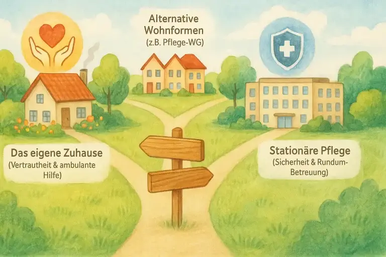 Das Bild zeigt eine Illustration mit den alternativen Wohnformen bei Pflegegrad 3