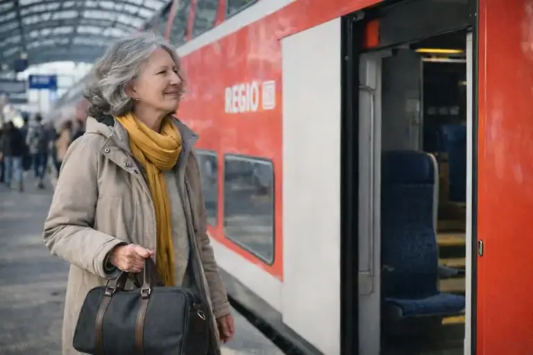 Seniorin mit Deutschlandticket steht am Bahnsteig und wartet auf den Einstieg in einen Regionalzug