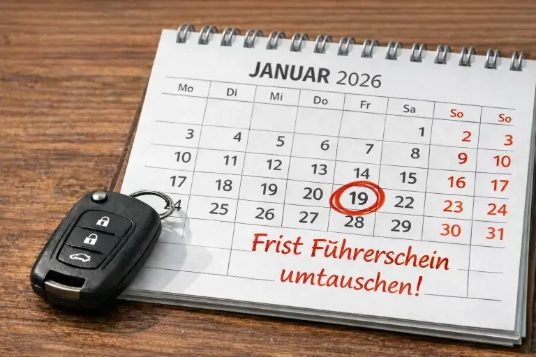 Kalenderblatt Januar 2026 mit rot markiertem Stichtag 19. Januar und einem Autoschlüssel. Schriftzug: Frist Führerschein umtauschen.