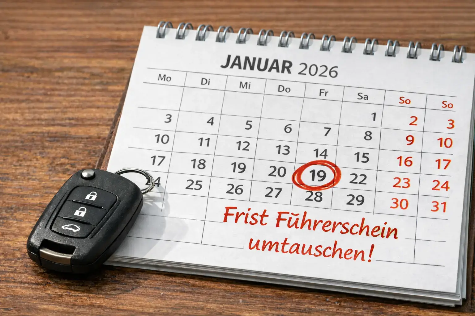 Kalenderblatt Januar 2026 mit rot markiertem Stichtag 19. Januar und einem Autoschlüssel. Schriftzug: Frist Führerschein umtauschen.