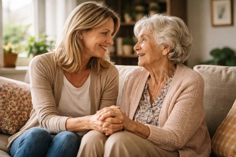 Eine ältere Dame sitzt gemeinsam mit ihrer Schwiegertochter, die Sie zu Hause pflegt, auf dem Sofa und genießt die gemeinsame Zeit
