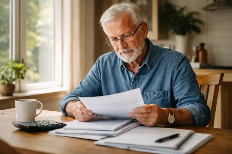 Rentner prüft seine Steuerunterlagen mit Rechner am Tisch und liest dabei Informationen zum Steuerfreibetrag 2026
