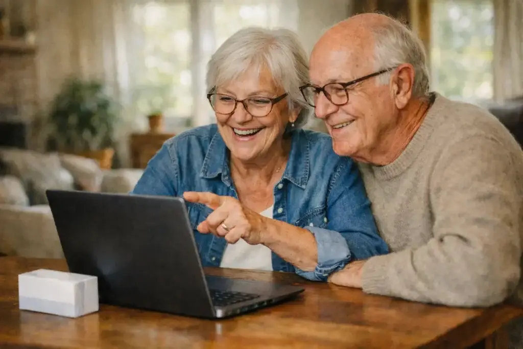 Ein Seniorenpaar entdeckt gemeinsam am Computer, wie sie online ein E-Rezept einlösen können