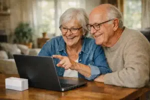 Ein Seniorenpaar entdeckt gemeinsam am Computer, wie sie online ein E-Rezept einlösen können