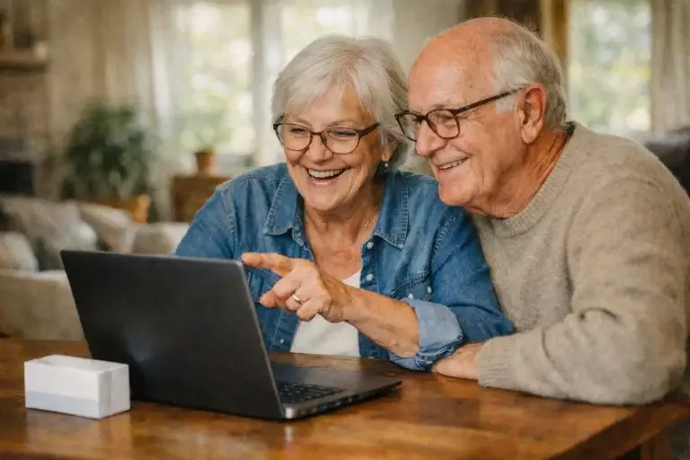 Ein Seniorenpaar entdeckt gemeinsam am Computer, wie sie online ein E-Rezept einlösen können