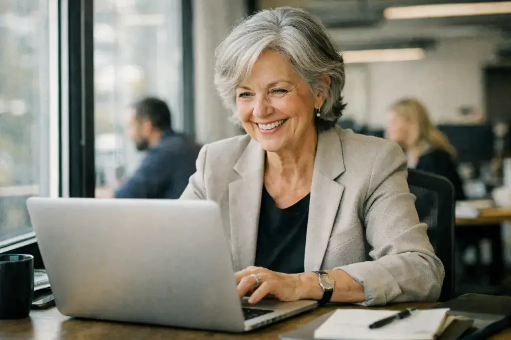Eine Rentnerin nutzt die Aktivrente und arbeitet am Laptop im Büro stundenweise