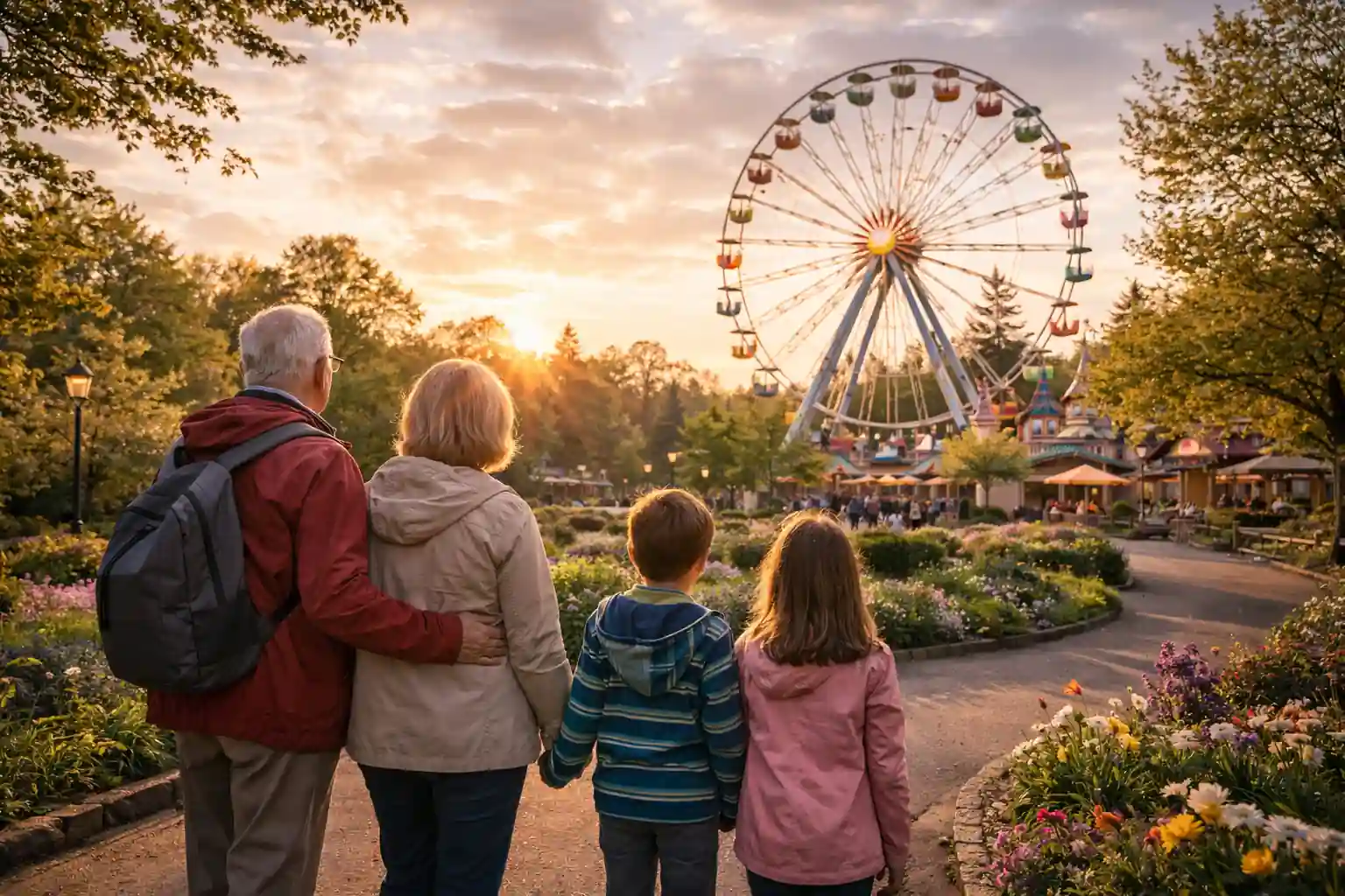 Großeltern und Enkel im Freizeitpark auf dem Weg zum Riesenrad