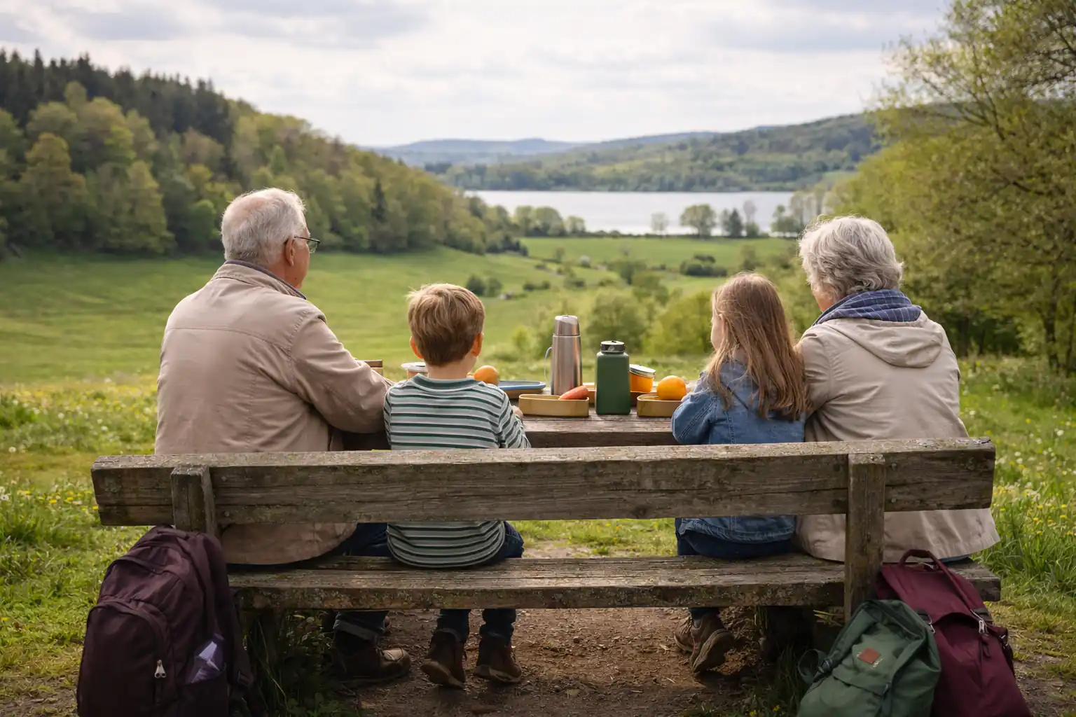 Großeltern und Enkelkinder beim Essen während einer Pause in der Natur mit Blick auf einen See
