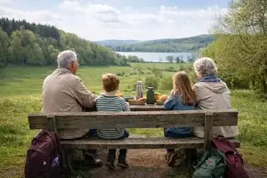 Großeltern und Enkelkinder machen einen Ausflug im Frühling in der Natur und essen während ihrer Pause
