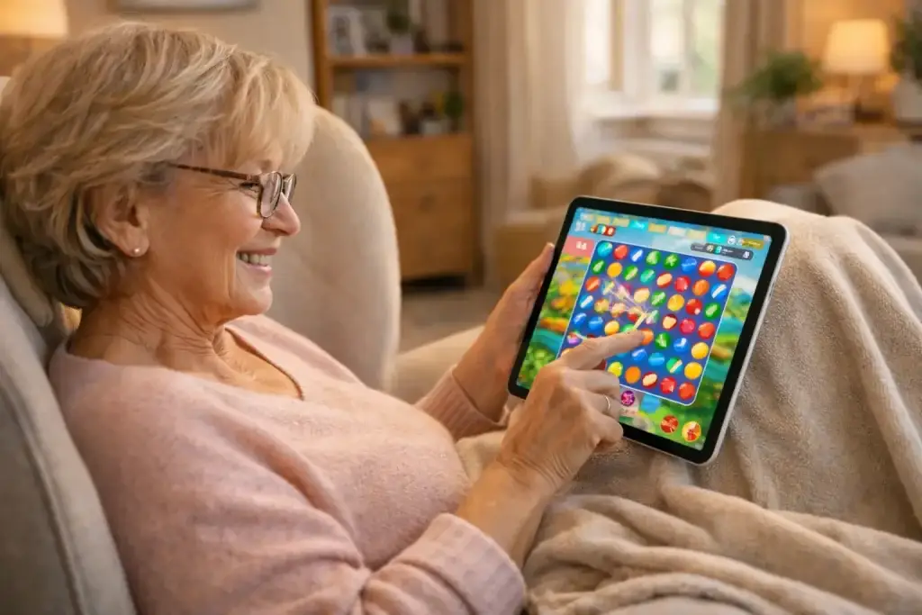 Eine ältere Frau spielt auf ihrem Tablet ein Computerspiel und sitzt dabei auf ihrem Sofa