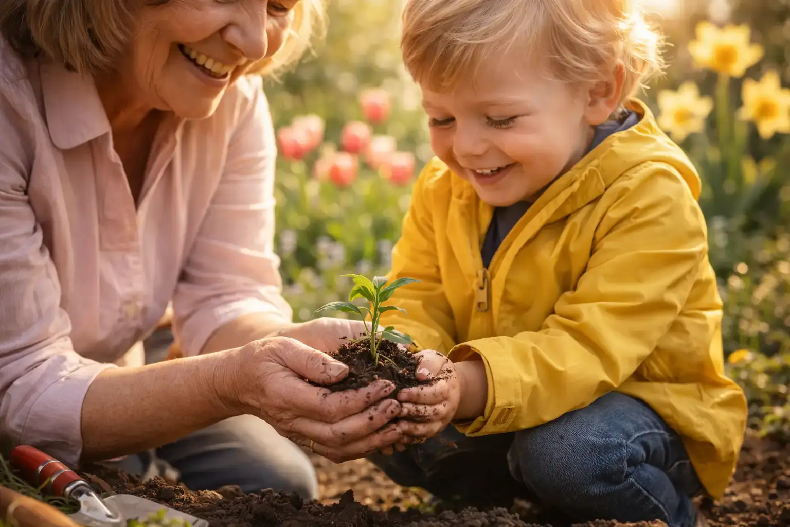 Großmutter und Enkelkind pflanzen im Frühling gemeinsam eine kleine Pflanze im Garten ein