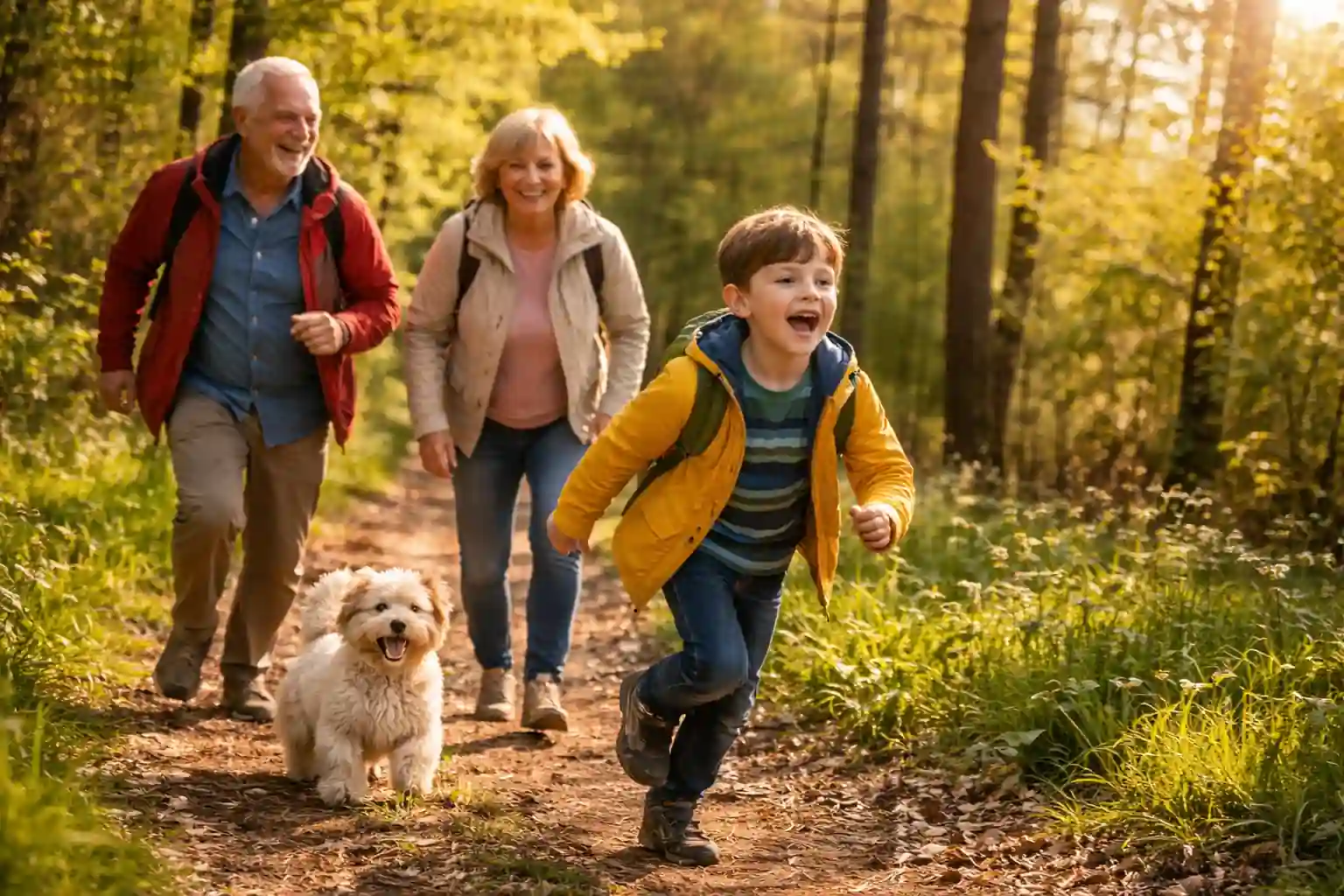 Großeltern mit Hund und Enkel beim Frühlingsspaziergang im Wald