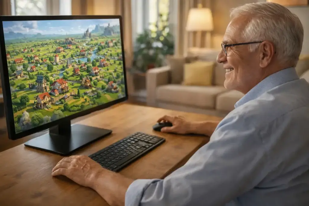 Senior spielt ein Computerspiel am Computer und sitzt an seinem Schreibtisch