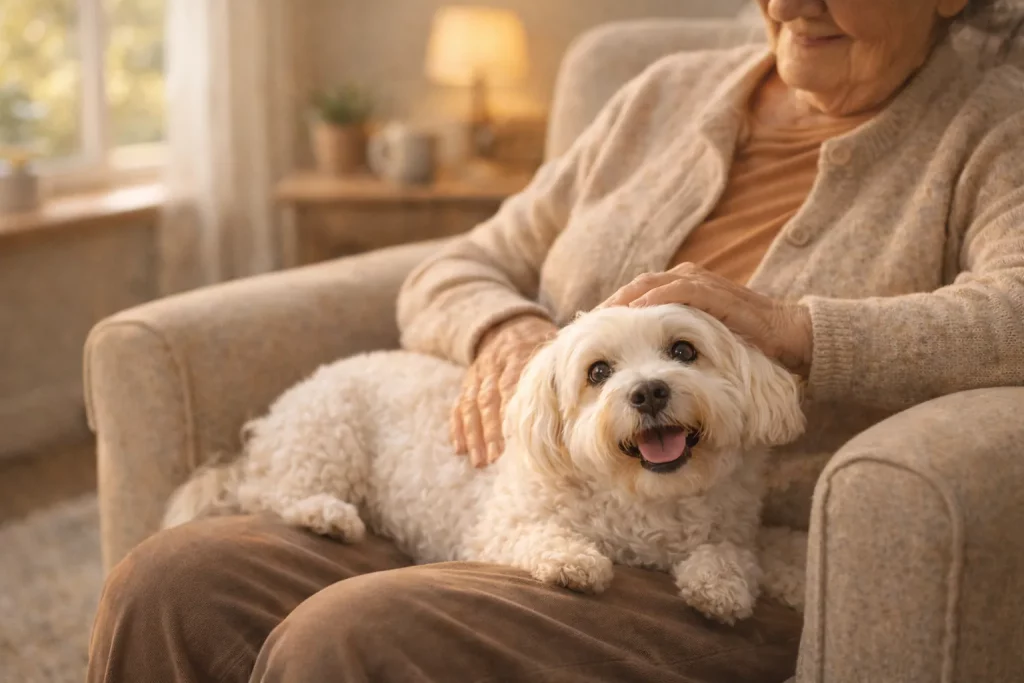 Eine Seniorin streichelt ihren Hund im Wohnzimmer