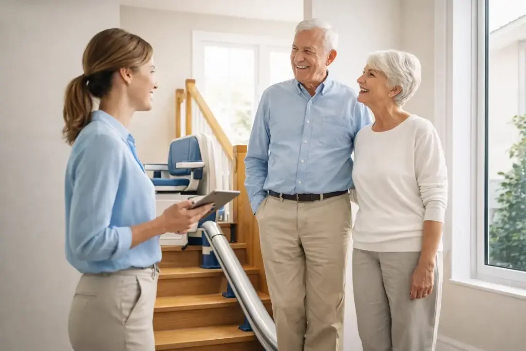 Ein älteres Ehepaar wird zu ihrem neuen Treppenlift von einer Fachberaterin aufgeklärt. Die Senioren sind nach dem Einbau zufrieden