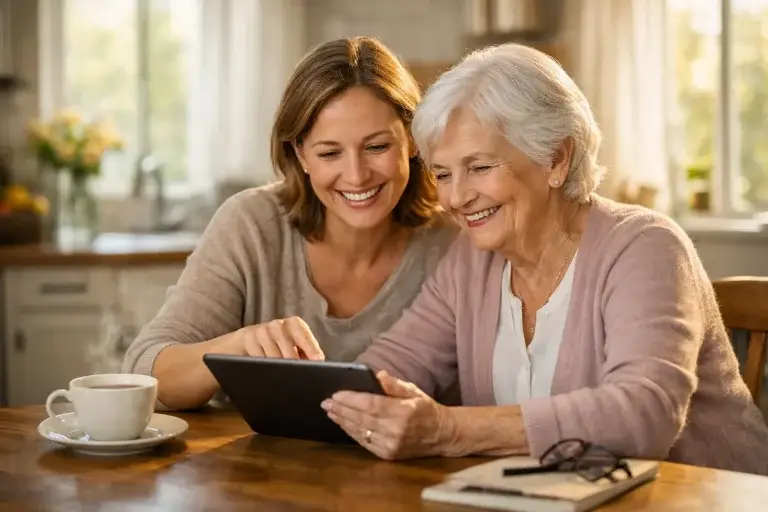 eine ältere Dame sitzt mit ihrer Tochter in der Küche und vergleicht Pflegedienste auf einem Tablet mit dem Pflegelotse