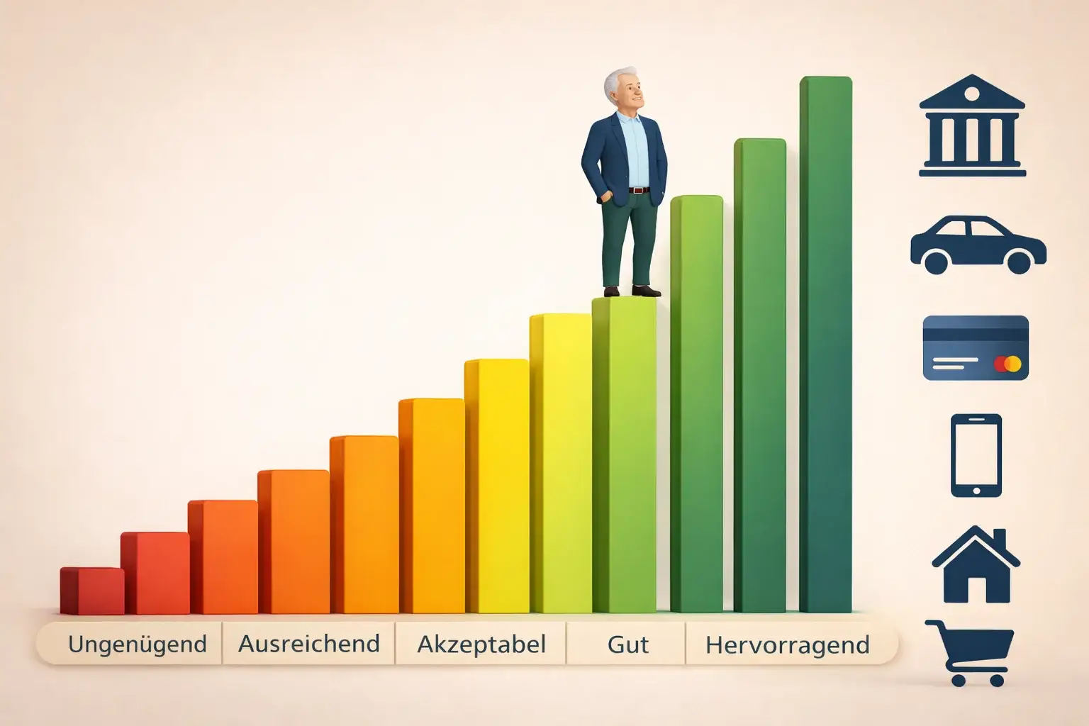Grafik zeigt Verbesserung der Bonität von schlecht bis hervorragend für älteren Mann beim neuen Schufa Score 2026