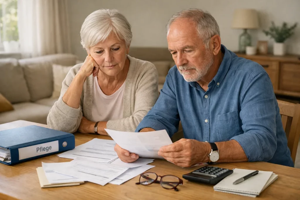 Älteres Seniorenpaar sitzt am Tisch und liest Unterlagen zu den Kosten der Pflege und zu Hilfe zur Pflege