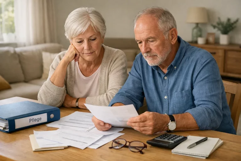 Älteres Seniorenpaar sitzt am Tisch und liest Unterlagen zu den Kosten der Pflege und zu Hilfe zur Pflege