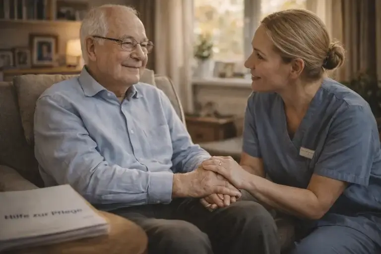 Pflegekraft hält Hand eines älteren Mannes und erklärt Hilfe zur Pflege im häuslichen Umfeld