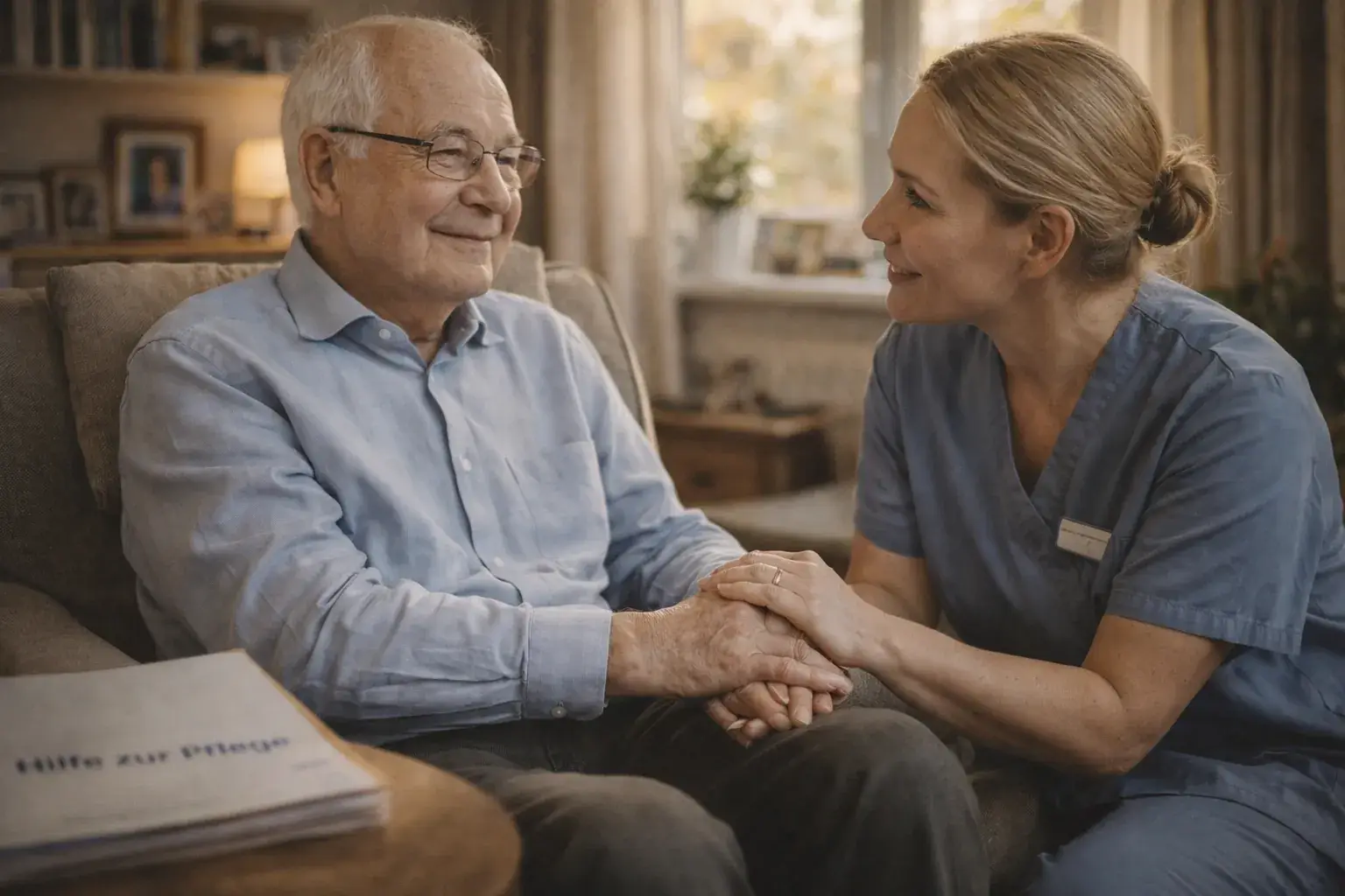 Pflegekraft hält Hand eines älteren Mannes und erklärt Hilfe zur Pflege im häuslichen Umfeld
