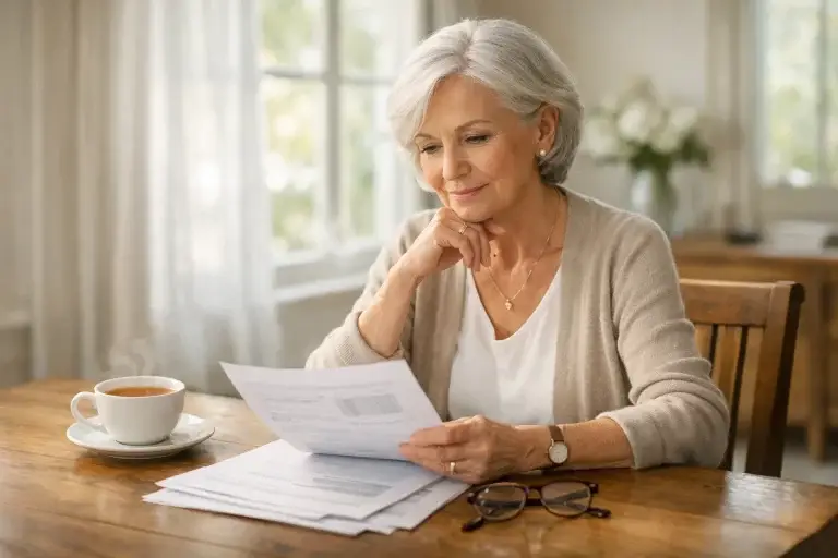 Ältere Frau sitzt mit einer Tasse Tee am Tisch und prüft in heller, ruhiger Atmosphäre ihre Unterlagen zur Witwenrente.