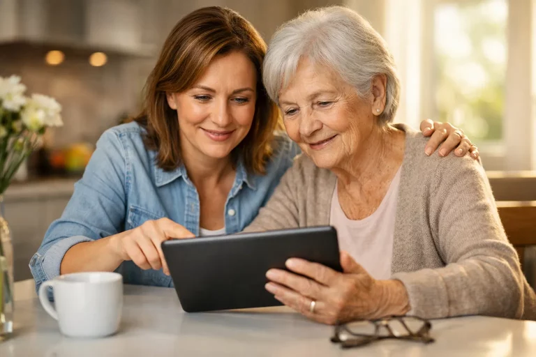 Eine ältere Frau sitzt mit ihrer erwachsenen Tochter am Tisch un prüft auf dem Tablet den GdB gemäß VersMedV im Check
