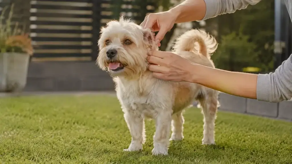 Das Bild zeigt einen kleinen Hund, der von einem Menschen nach Zecken abgesucht wird
