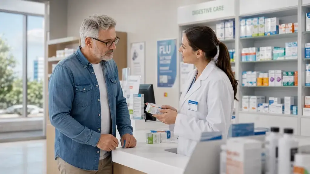 Versicherter informiert sich in einer Apotheke zu Zuzahlung