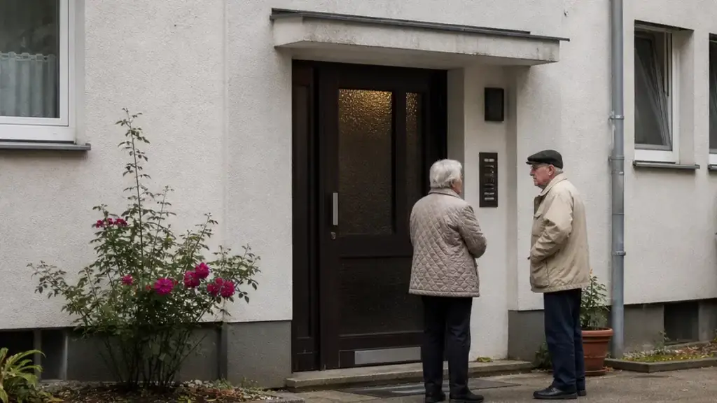 Zwei Rentner unterhalten sich vor einem Mietshaus über die geplanten Kürzungen beim Wohngeld