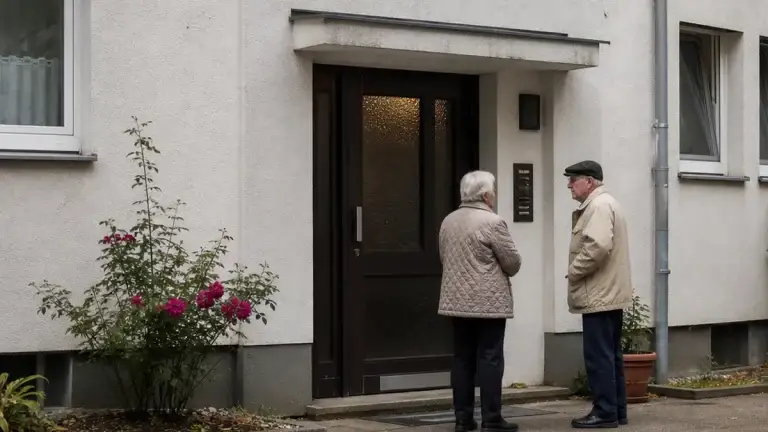 Zwei Rentner unterhalten sich vor einem Mietshaus über die geplanten Kürzungen beim Wohngeld