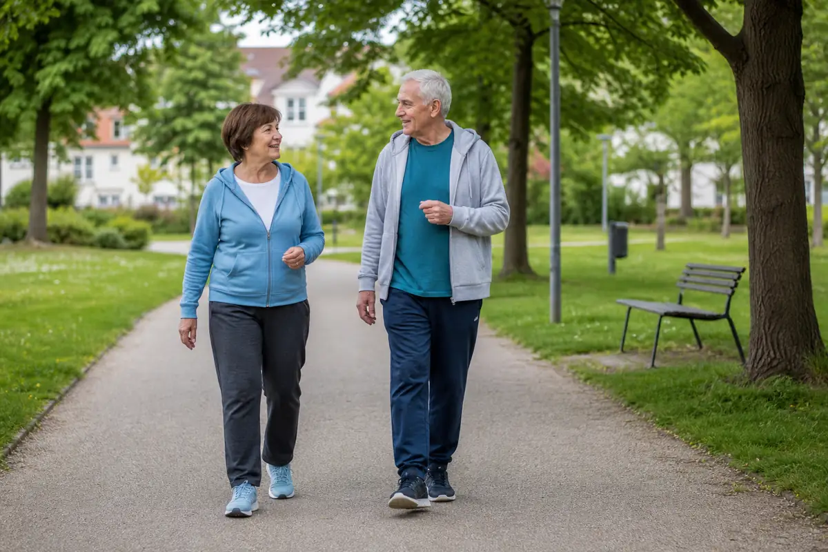 Ältere Frau und älterer Mann gehen gemeinsam auf einem Parkweg