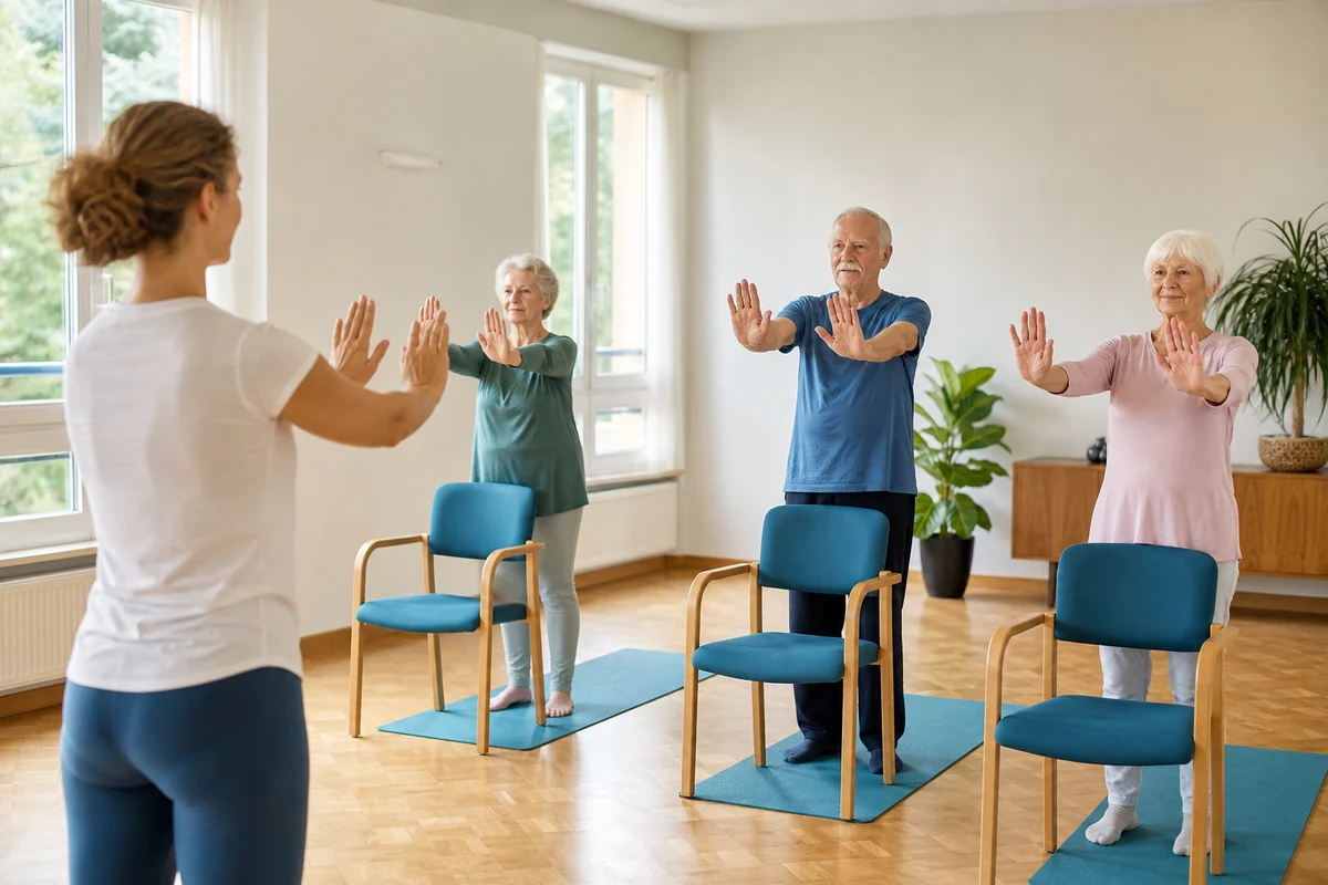 Ältere Menschen üben gemeinsam angepasstes Yoga mit Stühlen