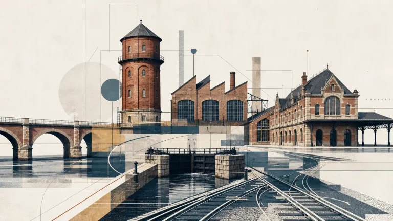 Das Bild ist eine Illustration mit historischen Gebäude, die denkmalgeschützt sind