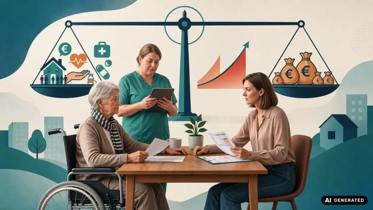 Eine ältere pflegebedürftige Dame sitzt mit ihrer Tochter am Tisch und spricht über die Kosten der Pflege. Im Hintergrund eine Illustration mit symbolischer Darstellung der Pflegeversichung