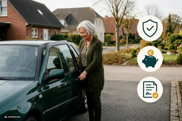 Eine Rentnerin steigt zufrieden in ihr Auto nach einem erfolgreichen KFZ Versicherungswechsel