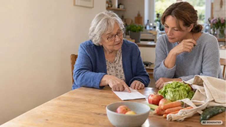 Eine alte Dame plant ihren gemeinsamen Einkauf am Tisch mit ihrer Alltagshilfe, die aus dem Sozialraumbudget finanziert wird.